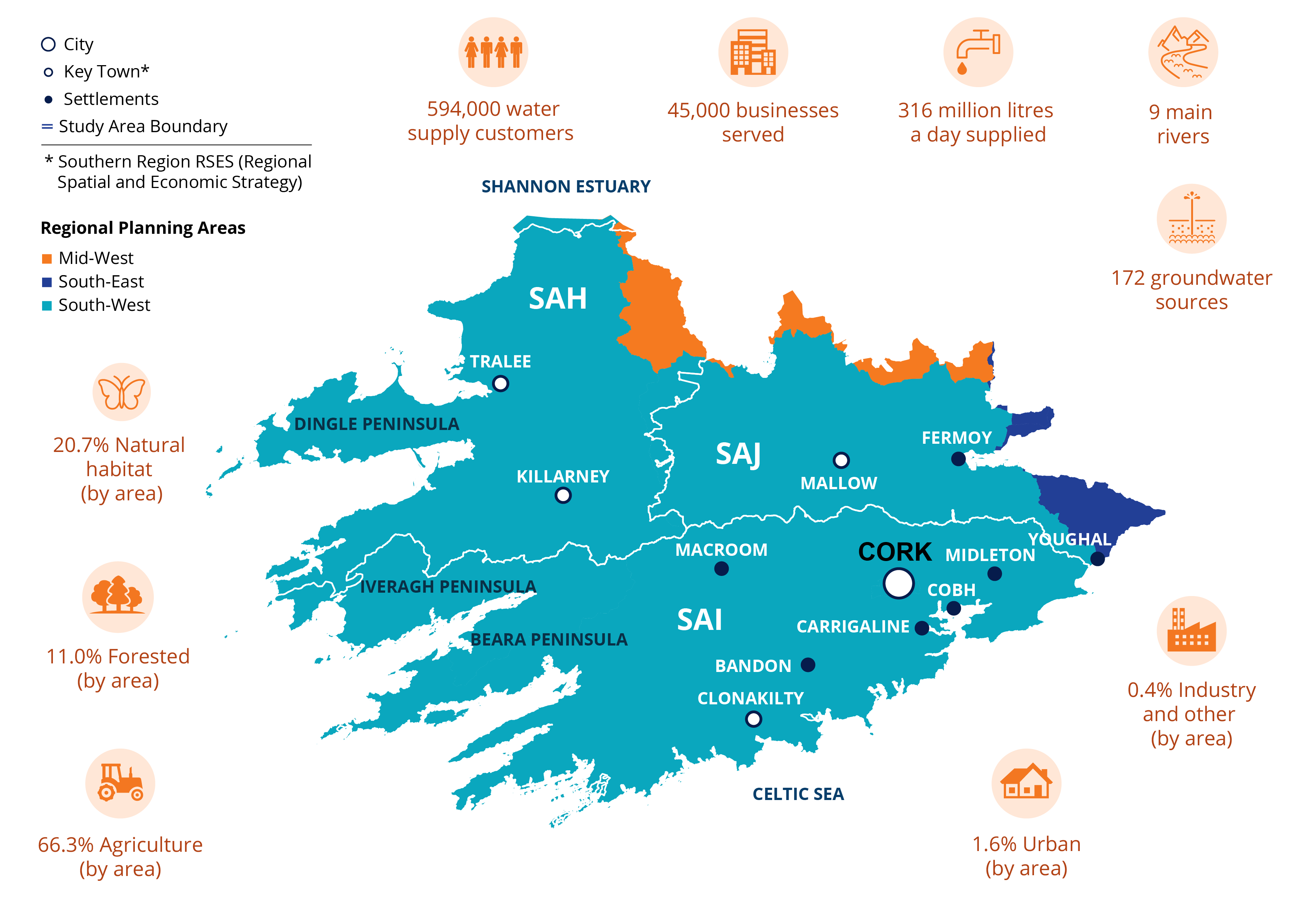 Diagram showing map of the south of Ireland and an overview of its customers and resources