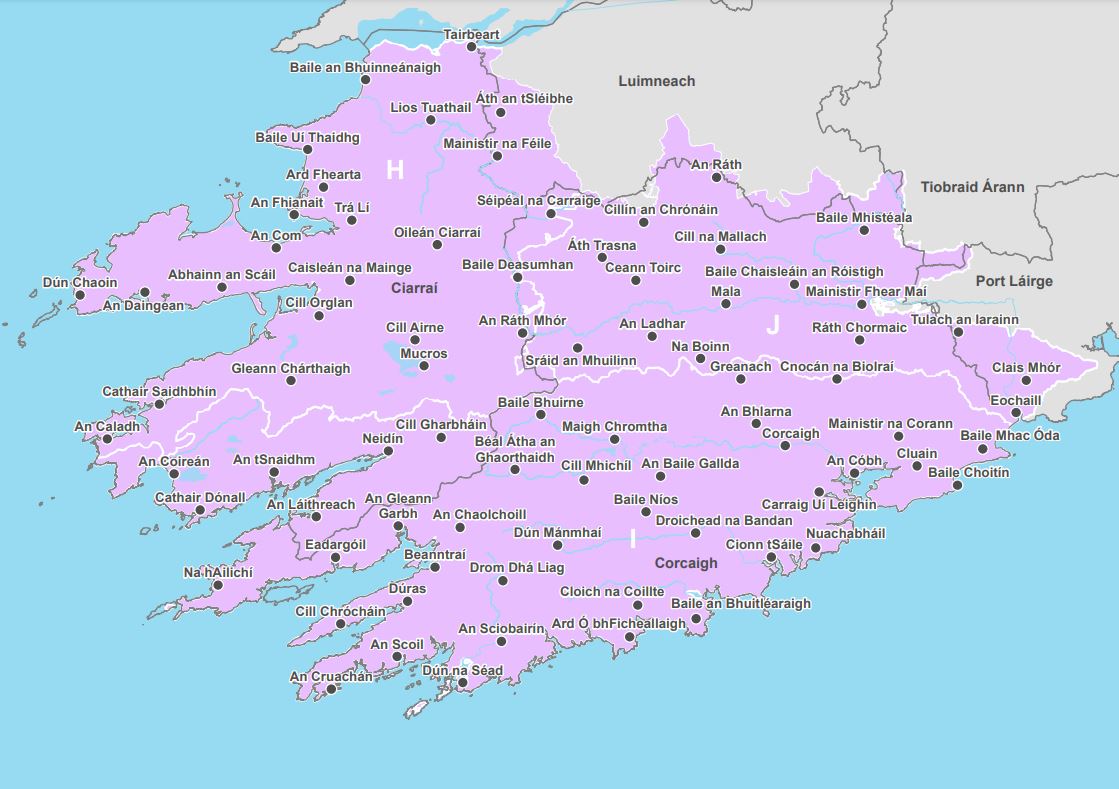 Map of towns in the South-West of Ireland