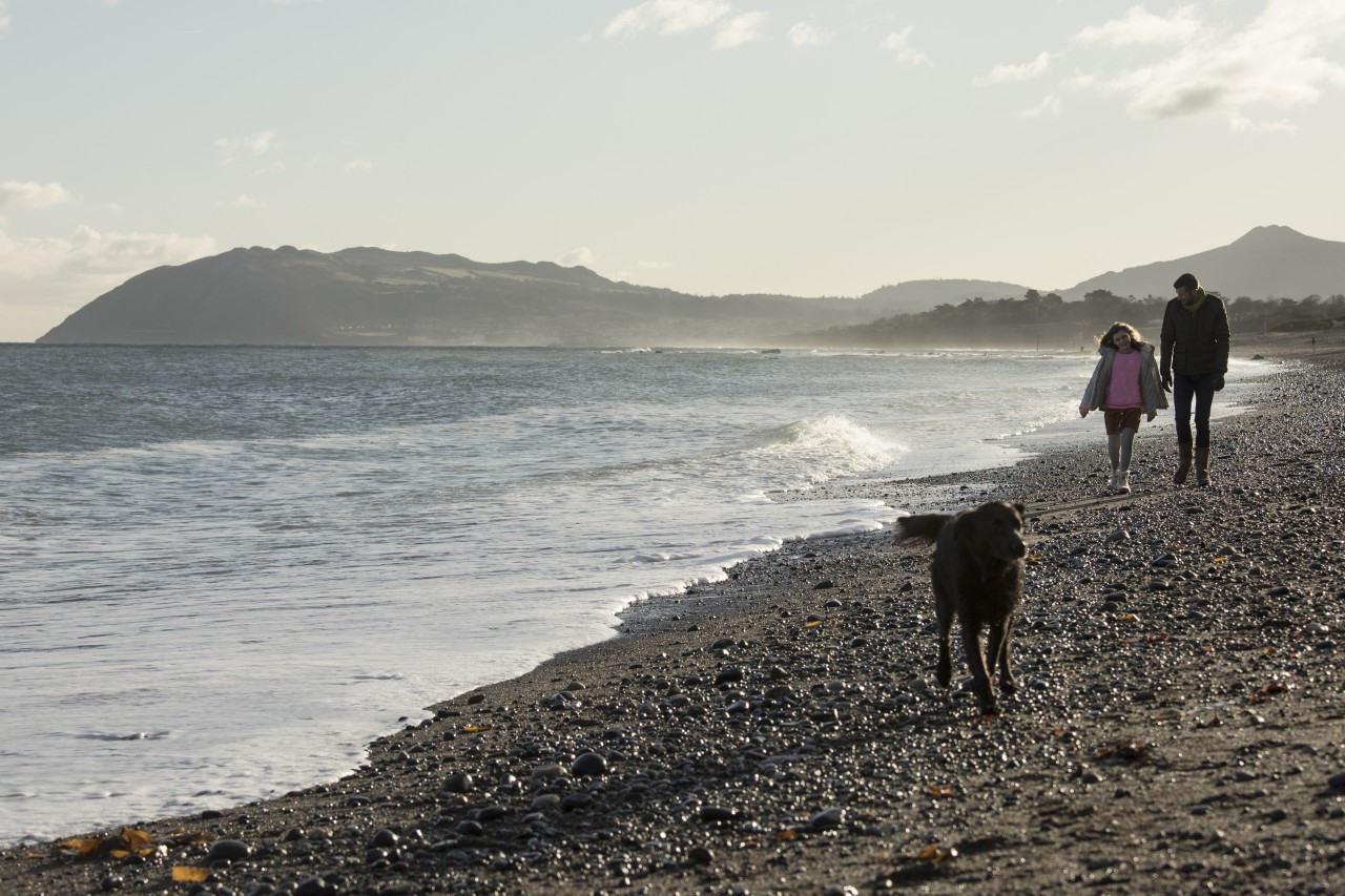 A father and daughter walking on a beach with a dog