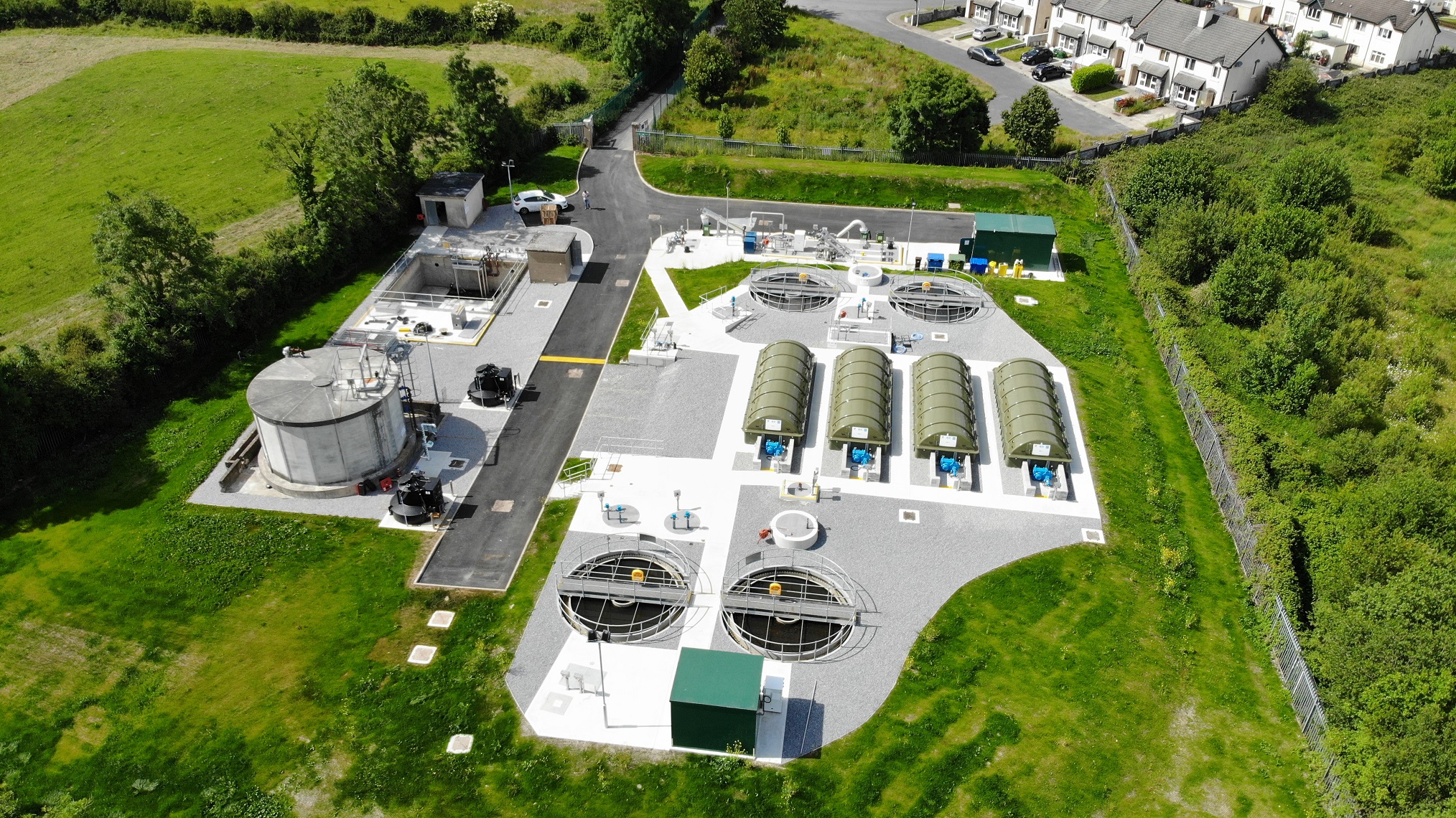 An aerial view of a wastewater treatment plant