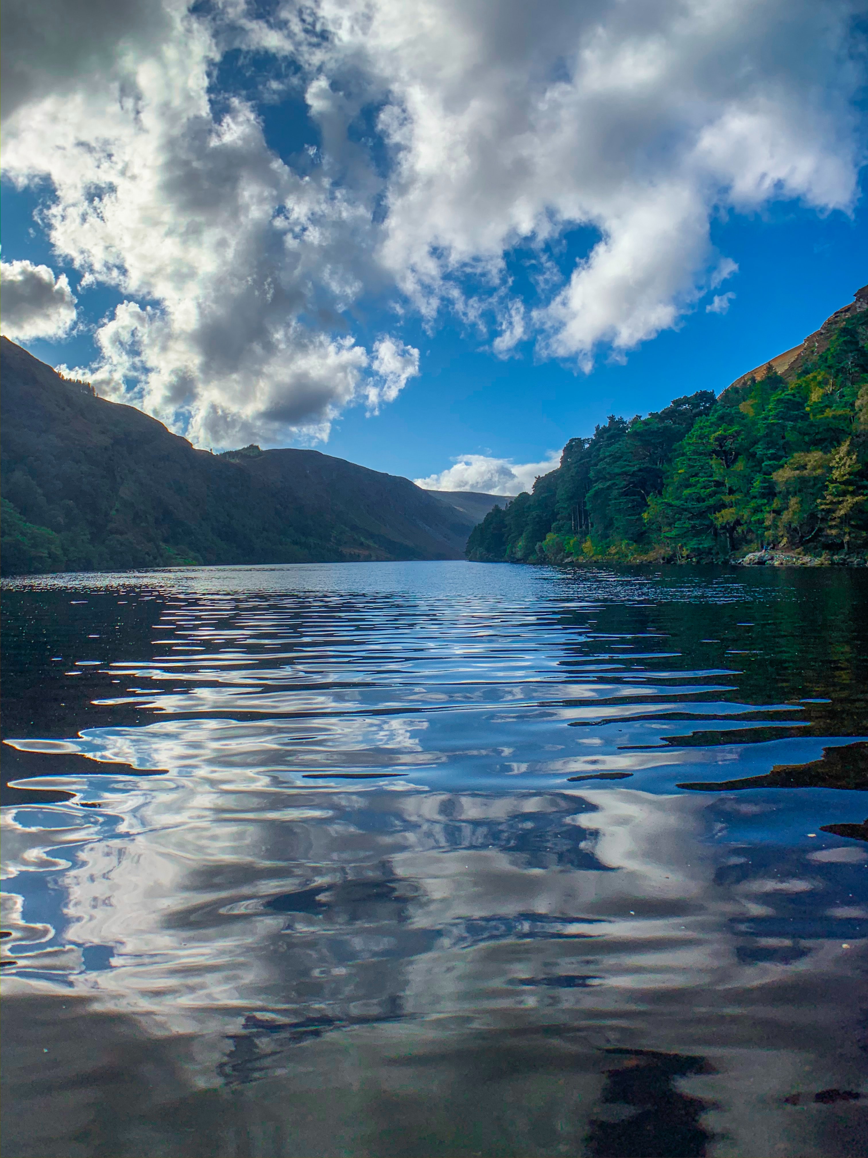 Lake by mountains covered in trees and blue sky