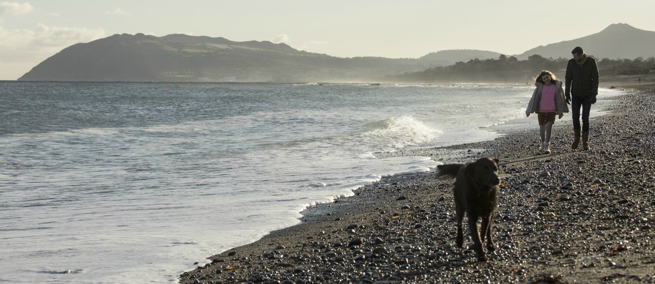 A father and daughter walking their dog on a beach