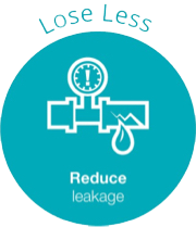 lose less reduce leakage inside a blue circle with a broken pipe 